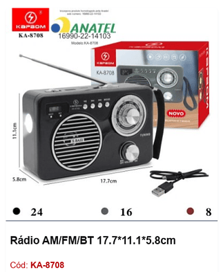 Rádio AM/FM/BT 17.7*11.1*5.8cm R$40,5 PCS/CX:48