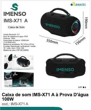 Caixa de som à Prova D'água 100W R$301,5 PC/CX 8