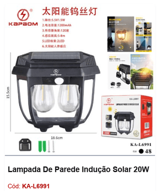 Lampada De Parede Indução Solar 20W R$ 29,7 PCS/Cx: 48