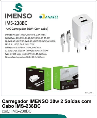 Carregador IMENSO 30w 2 Saídas com Cabo 100PC/CX R$19,8