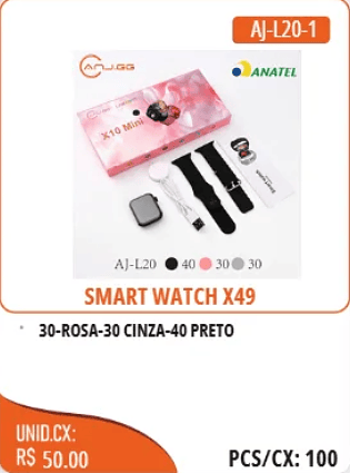 SMART WATCH X49 UNID.CX: RS 50.00 PCS/CX:100