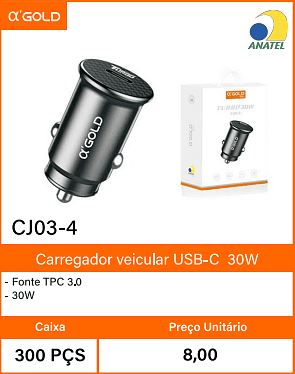 Carregador veicular USB-C30W Caixa 300 PCS Preco Unitario 8,00