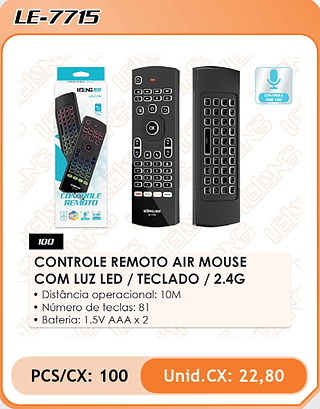 CONTROLE REMOTO AIR MOUSE COM LUZ LED / TECLADO / 2.4G 100PÇ=22,8$