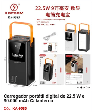 Carregador portátil digital de 22,5 W e 90.000 mAh C/ lanterna R$216 PCS/CX:20