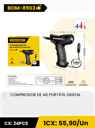 COMPRESSOR DE AR PORTATIL DIGITAL CX: 24PCS 1CX: 55,90/Un
