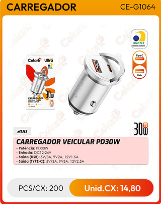 CARREGADOR VEICULAR PD30W PCS/CX: 200 Unid.CX: 14,80
