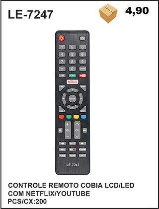 CONTROLE REMOTO COBIA LCD/LED COM NETFLIX/YOUTUBE 200pç=4,9$