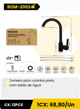 Torneira para cozinha preto com saída de água CX: 12PCS 1CX: 68,80/Un