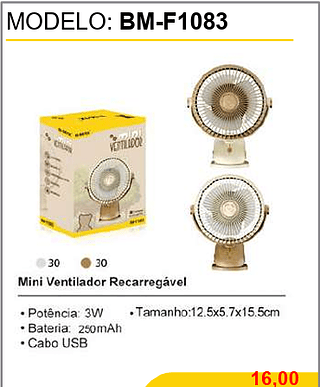 Mini Ventilador Recarregável 60PCS/CX Unid.CX: 18,00