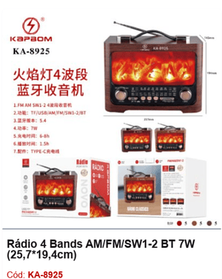 Rádio 4 Bands AM/FM/SW1-2 BT 7W (25,7*19,4cm) R$112,5 PCS/cx:15