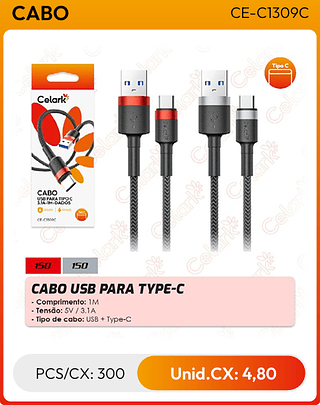CABO USB PARA TYPE-C PCS/CX: 300 Unid.CX: 4,80