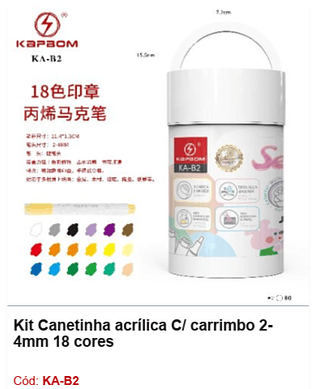 Kit Canetinha acrílica C/ carrimbo 24mm 18 cores R$ 8,1 PCS/CX: 80
