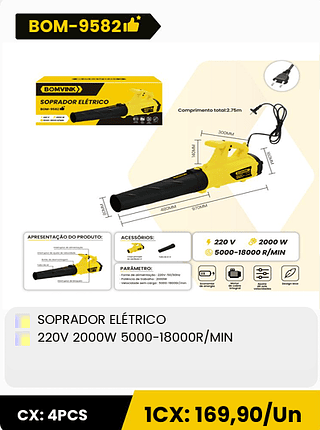 SOPRADOR ELÉTRICO 220V 2000W 5000-18000R/MIN CX: 4PCS 1CX: 169,90/Un