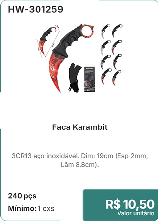 Faca Karambit 240 pçs R$ 10.50
