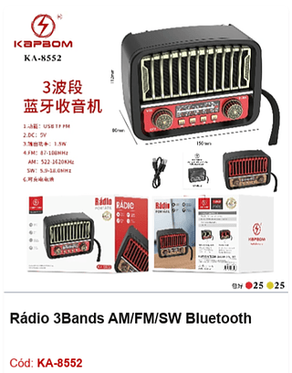 Rádio 3Bands AM/FM/SW Bluetooth R$40,5 PCS/Cx:50