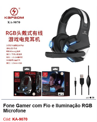 Fone Gamer com Fio e Iluminação RGB Microfone R$40,5 PCS/Cx:50