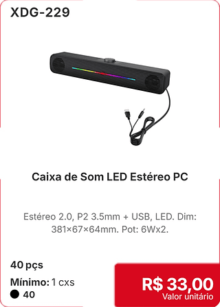 Caixa de Som LED Estereo PC 40 pçs R$ 33.00
