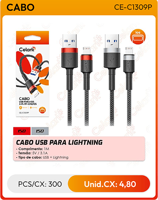 CABO USB PARA LIGHTNING PCS/CX: 300 Unid.CX: 4,80