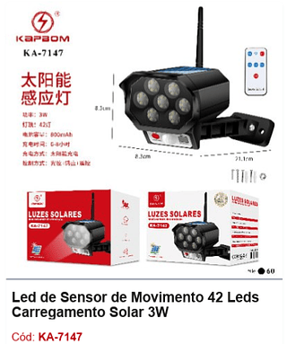 Led de Sensor de Movimento 42 Leds Carregamento Solar 3W R$ 25,2 PCS/CX: 60