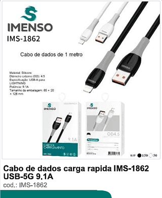 Cabo de dados carga rápida USB-5G 9.1A 200PC/CX R$5,4