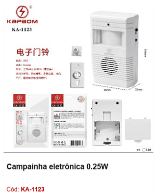 Campainha eletrônica 0.25W R$ 13,5 PCS/cx: 120