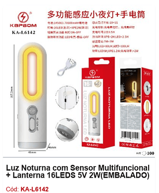 Luz Noturna com Sensor Multifuncional + Lanterna 16LEDS 5V 2W R$ 25,2 PCS/CX: 100
