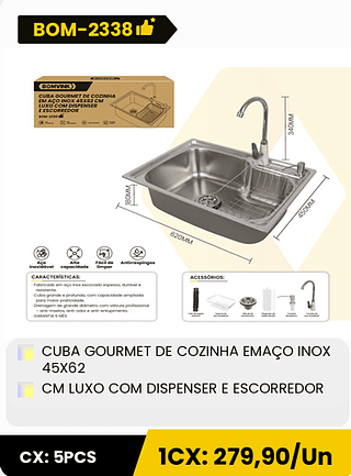 CUBA GOURMET DE COZINHA EMAÇO INOX 45X62 CM LUXO COM DISPENSER E ESCORREDOR CX: 5PCS 1CX: 279,90/Un
