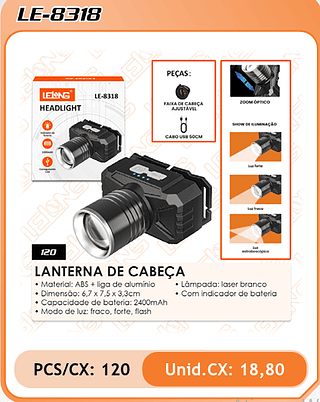 LANTERNA DE CABEÇA 120PÇ=18,8$
