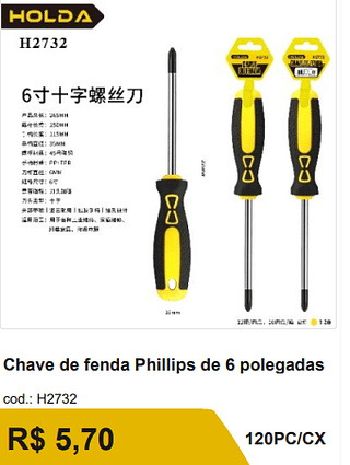 Chave de fenda Phillips de 6 polegadas R$ 5,13 120PC/CX