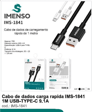 Cabo de dados carga rápida 1M USB-TYPE-C 9.1A 200PC/CX R$4,5