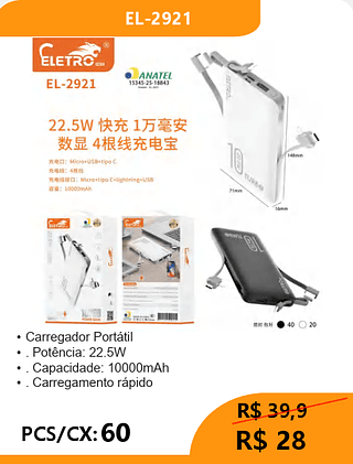 POWER BANK PCS/CX:60 R$28