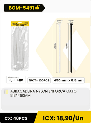 ABRACADEIRA NYLON ENFORCA GATO 8.8*450MM CX: 40PCS 1CX: 18,90/Un