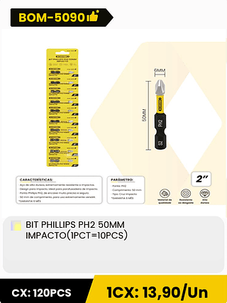 BIT PHILLIPS PH2 50MM IMPACTO(IPCT=10PCS) CX: 120PCS 1CX: 13,90/Un