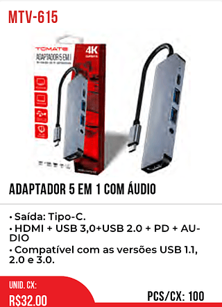 ADAPTADOR 5 EM 1 COM ÁUDIO 100pç=32$