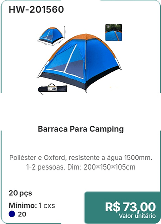 Barraca Para Camping 20 pçs R$ 73,00