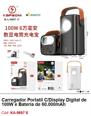 Carregador Portatil C/Display Digital de 100W e Bateria de 60.000mAh R$224,1 PCS/CX:20