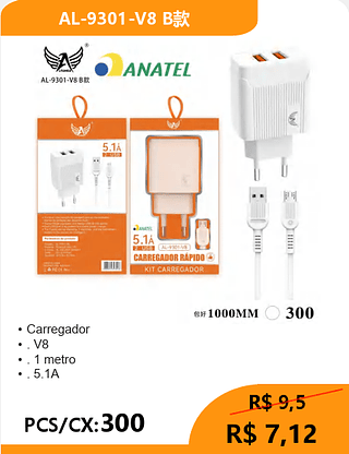 Carregador V8 PCS/CX:300 R$ 7,12