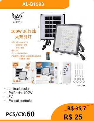 Luminária solar PCS/CX:60 R$ 25