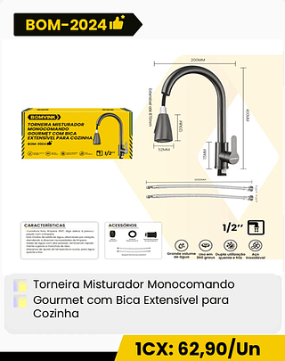 Torneira Misturador Monocomando Gourmet com Bica Extensivel para Cozinha CX: 20PCS 1CX: 62,90/Un