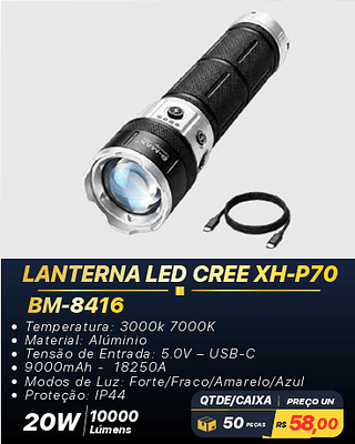 LANTERNA LED CREE XH-P70 50PÇS R$58,00