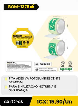 FITA ADESIVA FOTOLUMINESCENTE 5CMX5M PARA SINALIZAÇÃO NOTURNA E SEGURANÇA CX: 72PCS 1CX: 15,90/Un