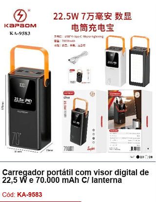 Carregador portátil com visor digital de 22,5 W e 70.000 mAh C/ lanterna R$175,5 PCS/CX:20