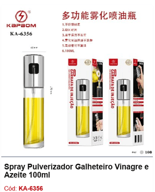 Spray Pulverizador Galheteiro Vinagre e Azeite 100ml R$ 5,85 PCS/CX: 100