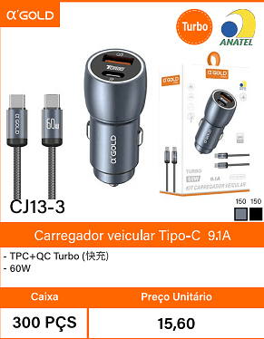 Carregador veicular Tipo-C 9.1A Caixa 300 PCS Preco Unitario 15,60