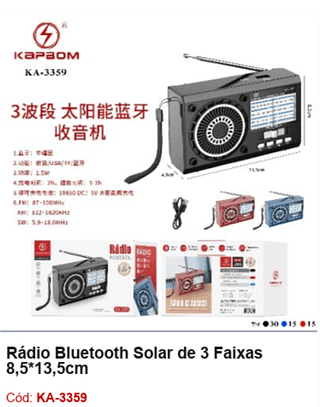 Rádio Bluetooth Solar de 3 Faixas 8,5*13,5cm R$35,1 PCS/Cx:60