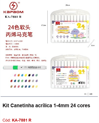 Kit Canetinha acrílica 1-4mm 24 cores R$ 7,2 PCS/CX: 60