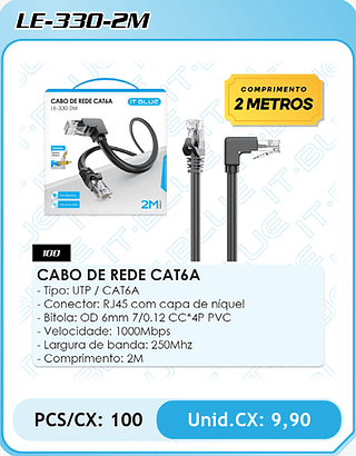 CABO DE REDE CAT6A - Tipo: UTP / CAT6A - Conector: RJ45 com capa de níquel - Bitola: OD 6mm 7/0.12 CC*4P PVC - Velocidade: 1000Mbps - Largura de banda: 250Mhz - Comprimento: 2M PCS/CX: 100 Unid.CX: 9,90