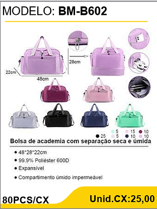 Bolsa de academia com separação seca e úmida 80PCS/CX Unid.CX:25,00