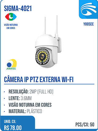 CÂMERA IP PTZ EXTERNA WI-FI UNID. CX: R$ 78.00 PCS/CX: 50
