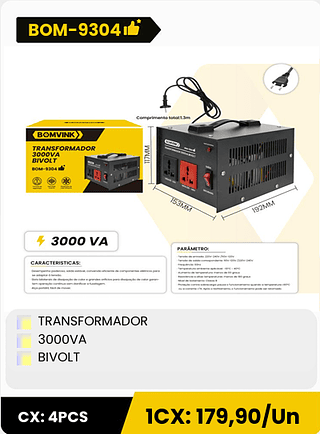 TRANSFORMADOR 3000VA BIVOLT CX: 4PCS CX: 179,90/Un
